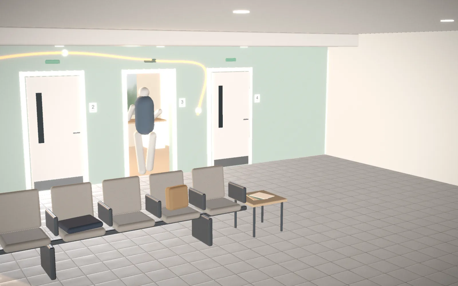 Film still: a clinic corridor with waiting chairs and consulting-room doors, linked by threads of light.
