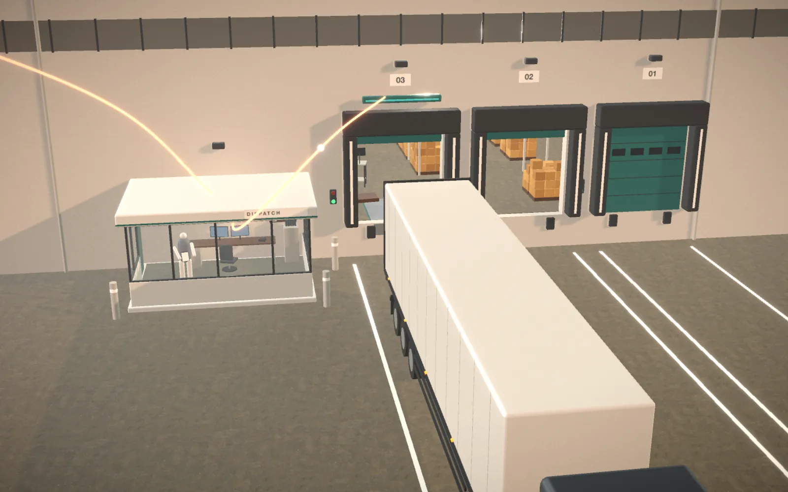 Film still: a depot yard with loading docks, a dispatch cabin and a trailer, joined by threads of light.