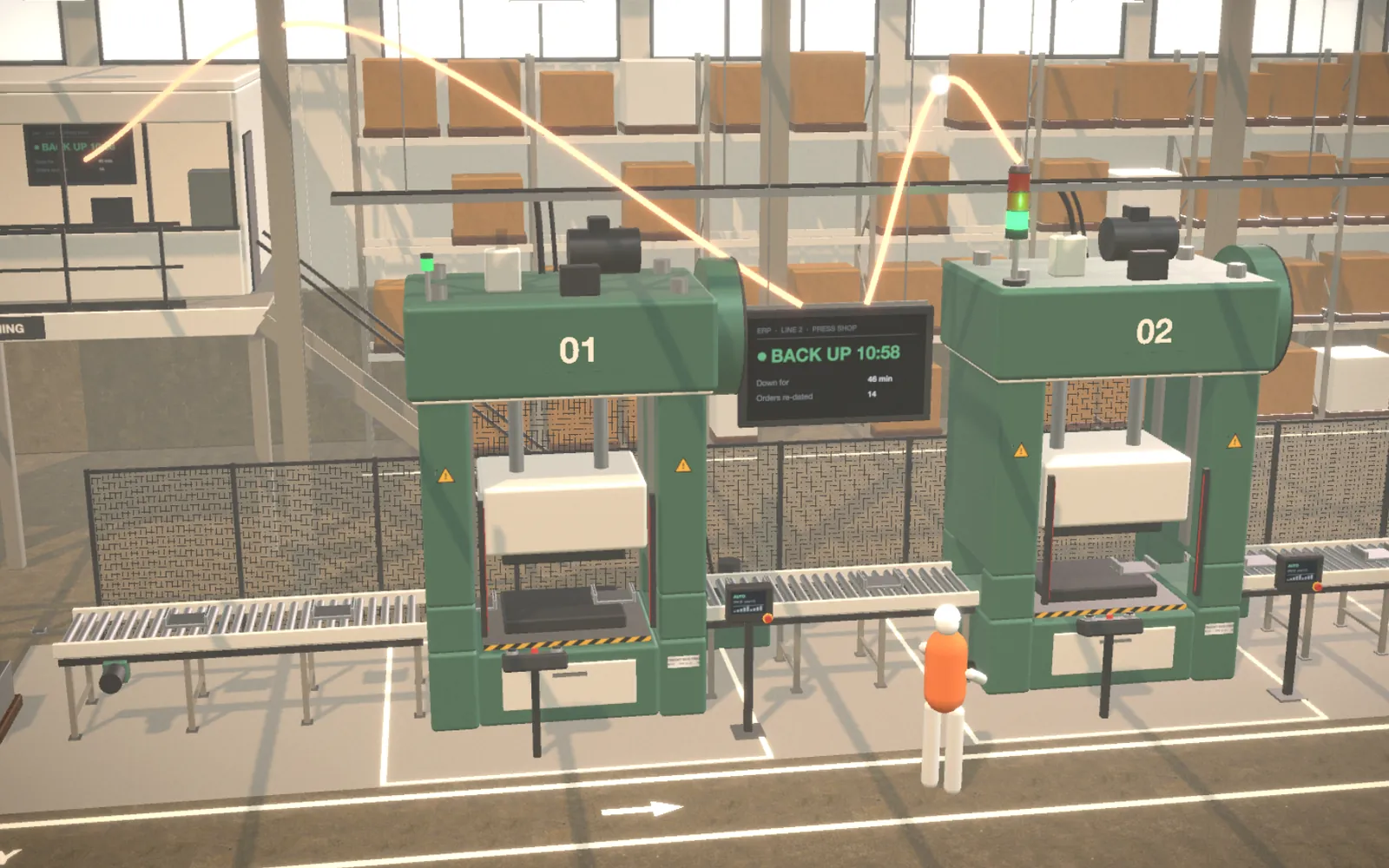 Film still: two green presses on a factory floor, a live ERP board between them and threads of light running up to the planning office.