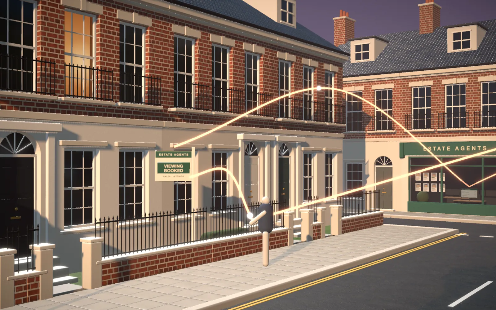 Film still: a street of terraced houses and an estate agent's office, linked by threads of light.