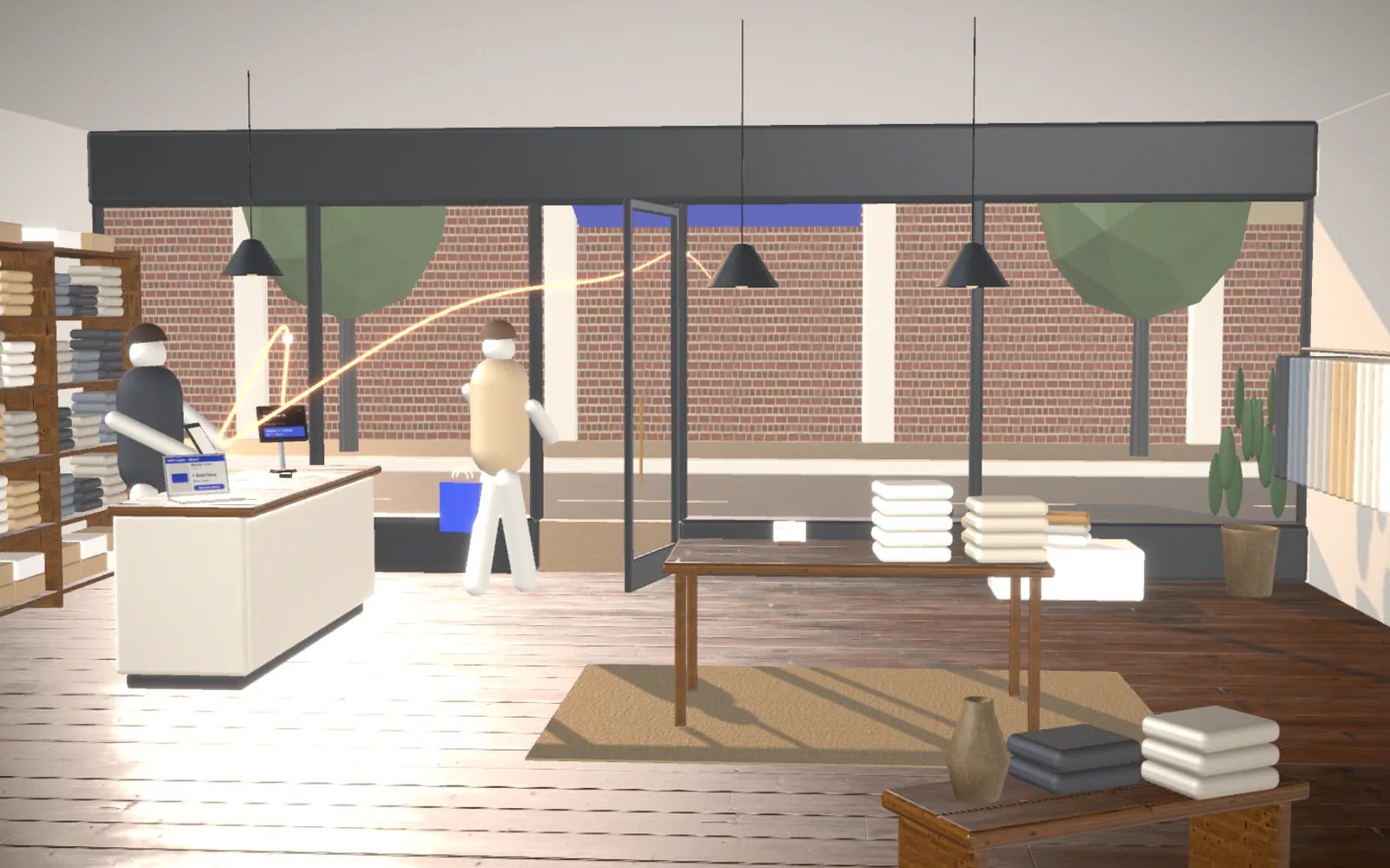 Film still: a shop floor with stocked shelves and a till, a thread of light running from the counter.