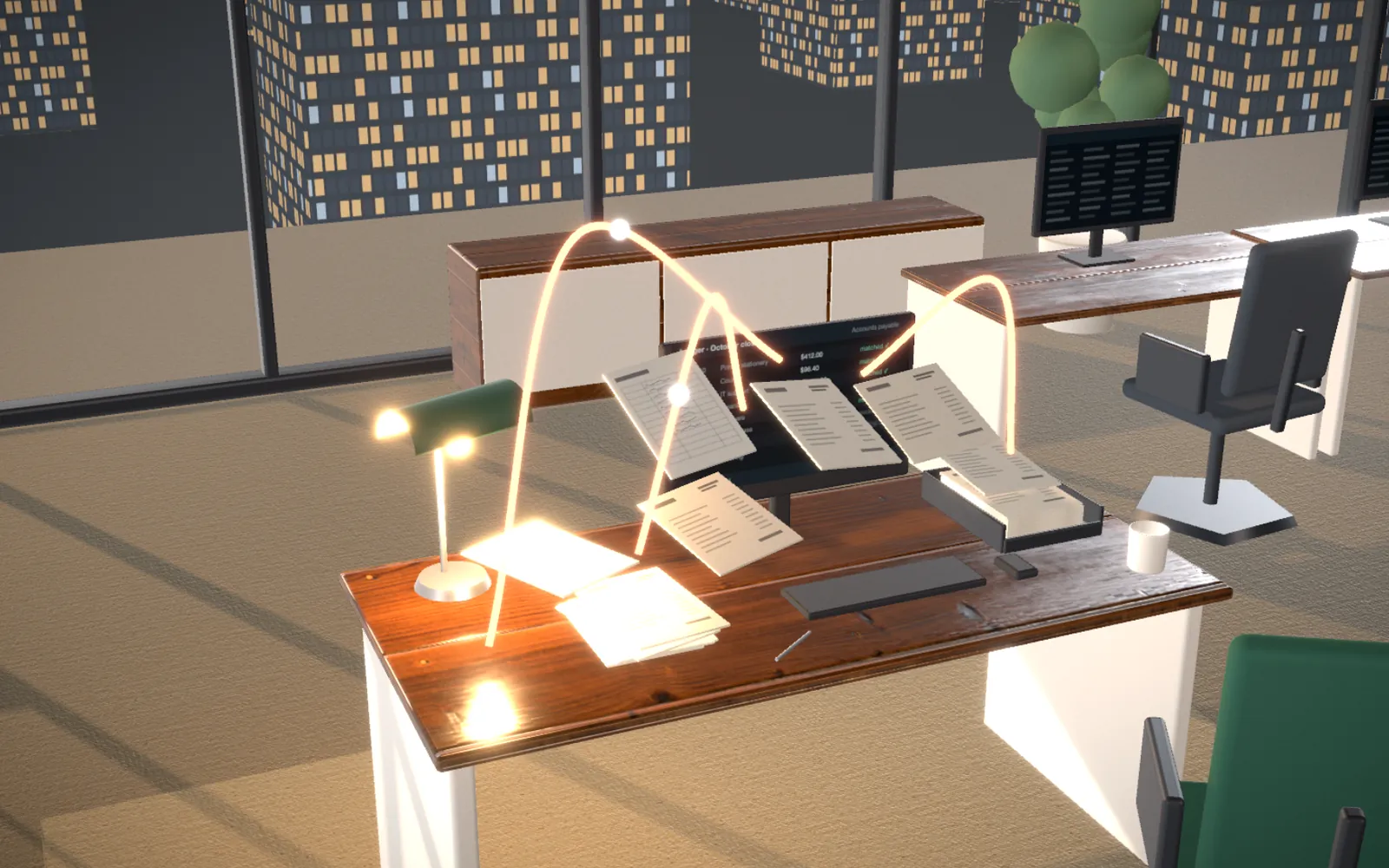 Film still: an office desk with document trays and a screen, threads of light carrying papers between them.